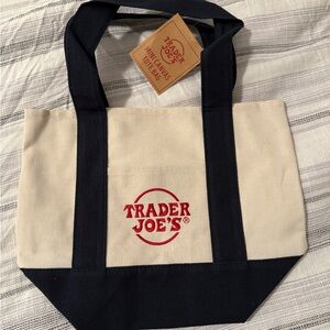 Trader Joe's Cream and Black Canvas Mini Tote Bag with Red Logo